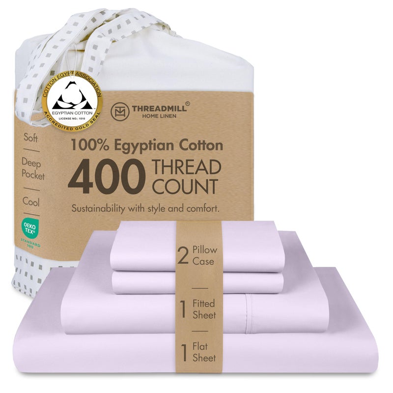 Threadmill Egyptian Cotton Sheets for King Size Bed | 100% Certified Egyptian Cotton King Bed Sheets Set | Snug Fit Elastic Deep Pocket King Sheets Soft, Breathable All Season Solid Sateen | Lilac - Image 1